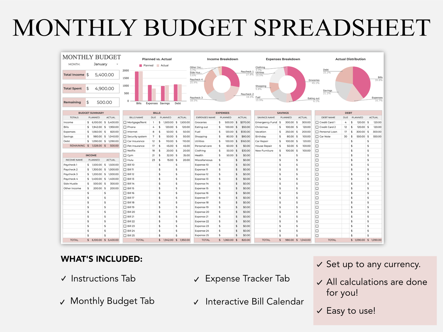 Monthly Budget Template - Easy to Use Spreadsheet Template