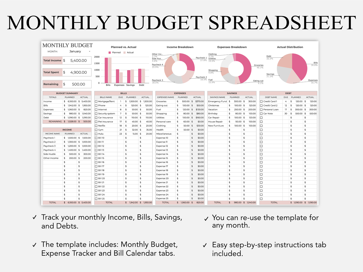 Monthly Budget Template - Easy to Use Spreadsheet Template